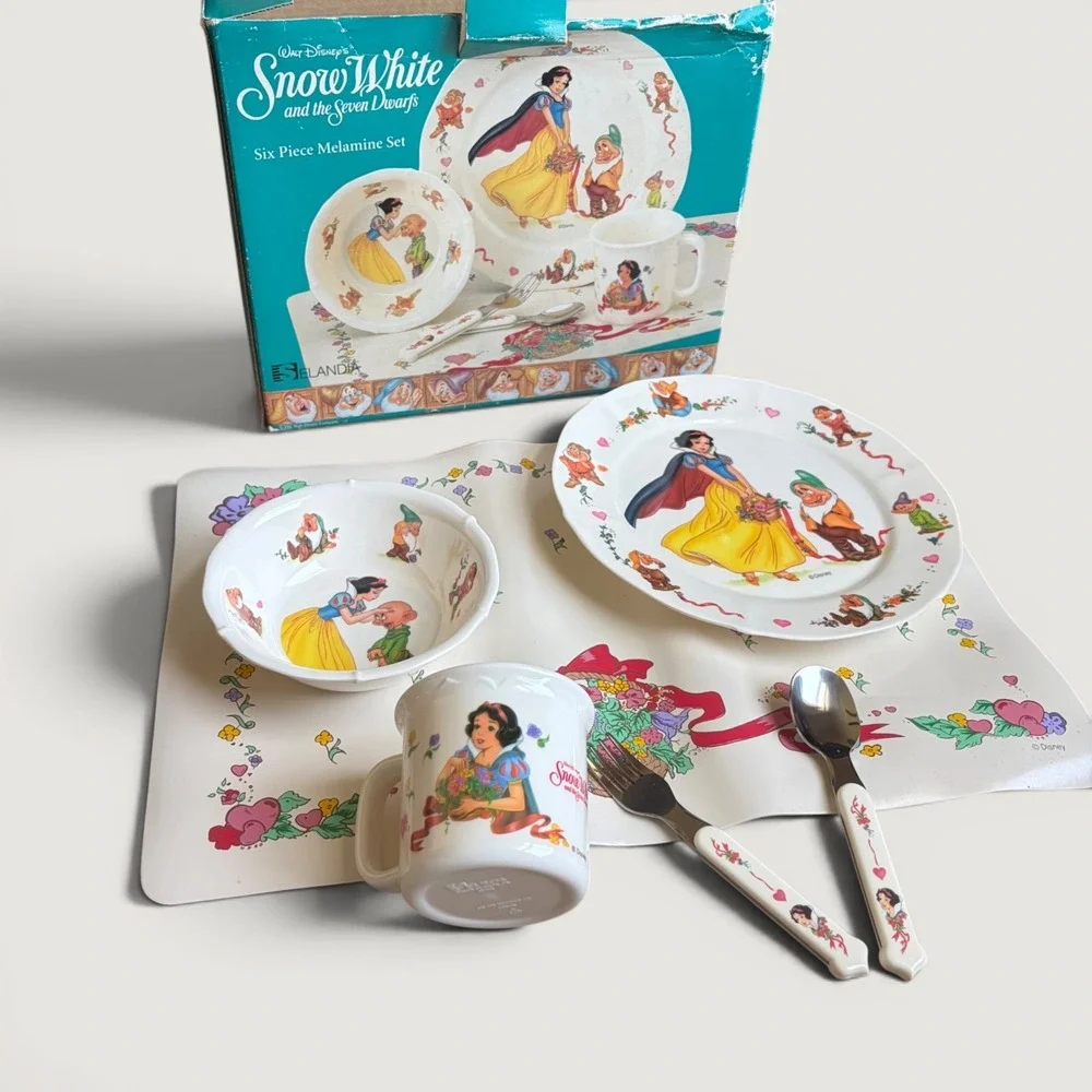 RARE Full Set Vtg Disney Snow White Seven Dwarfs 6pc Melamine Set Selandia Plate